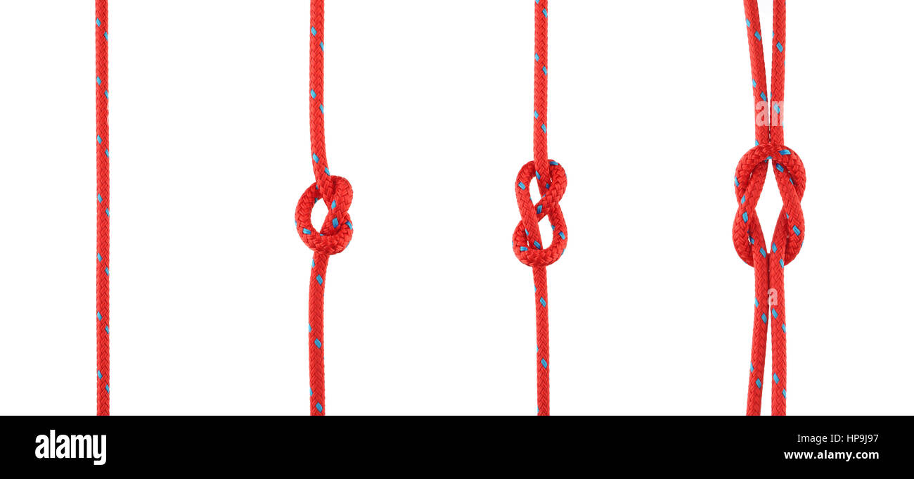 Satz von Knoten, Überhandknoten, Achterknoten und Kreuzknoten gebunden in rote Seil, Isolated on White Background Stockfoto