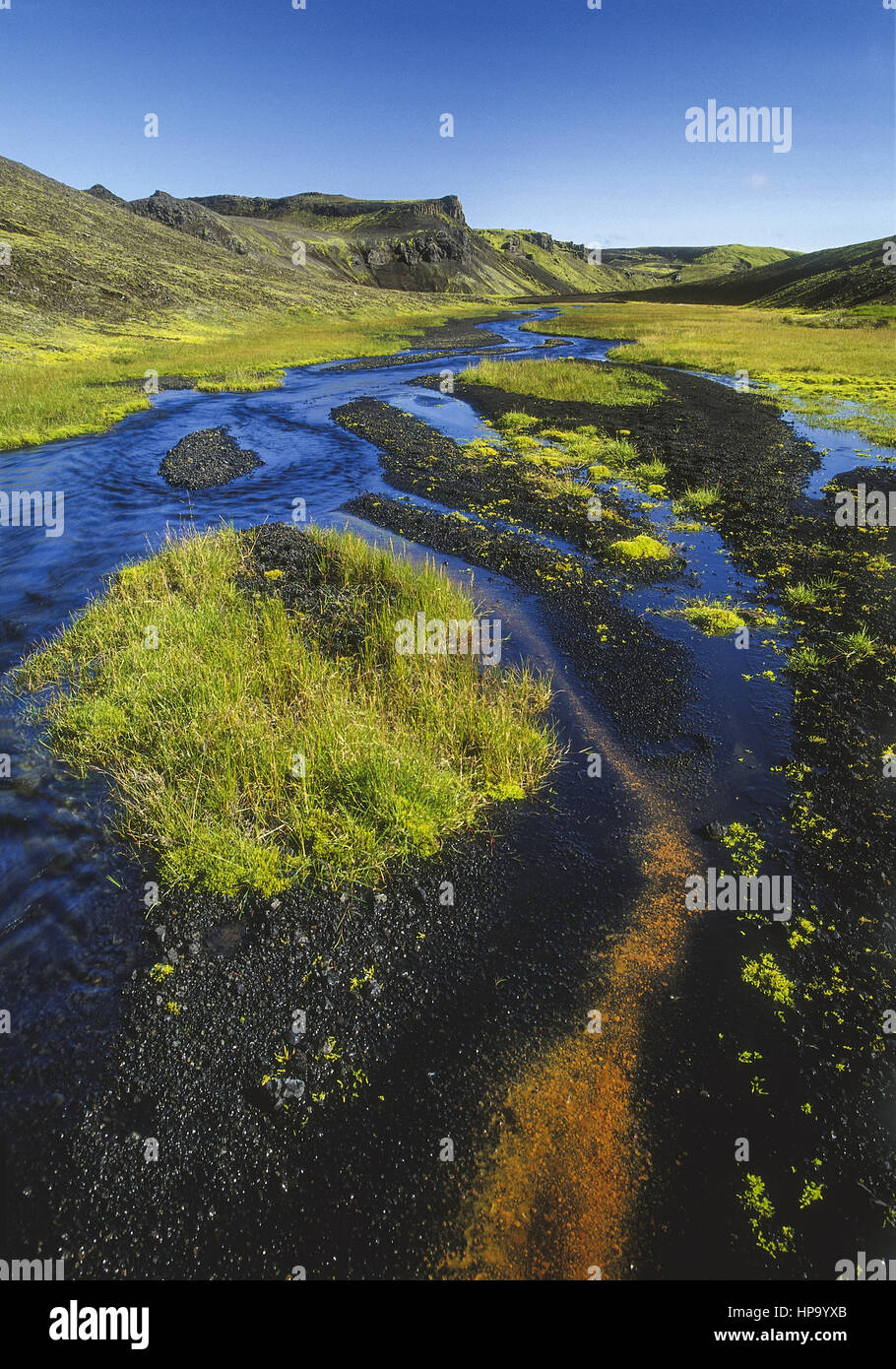 Bachlauf mit schwarzer Vulkanerde, Insel Stockfoto