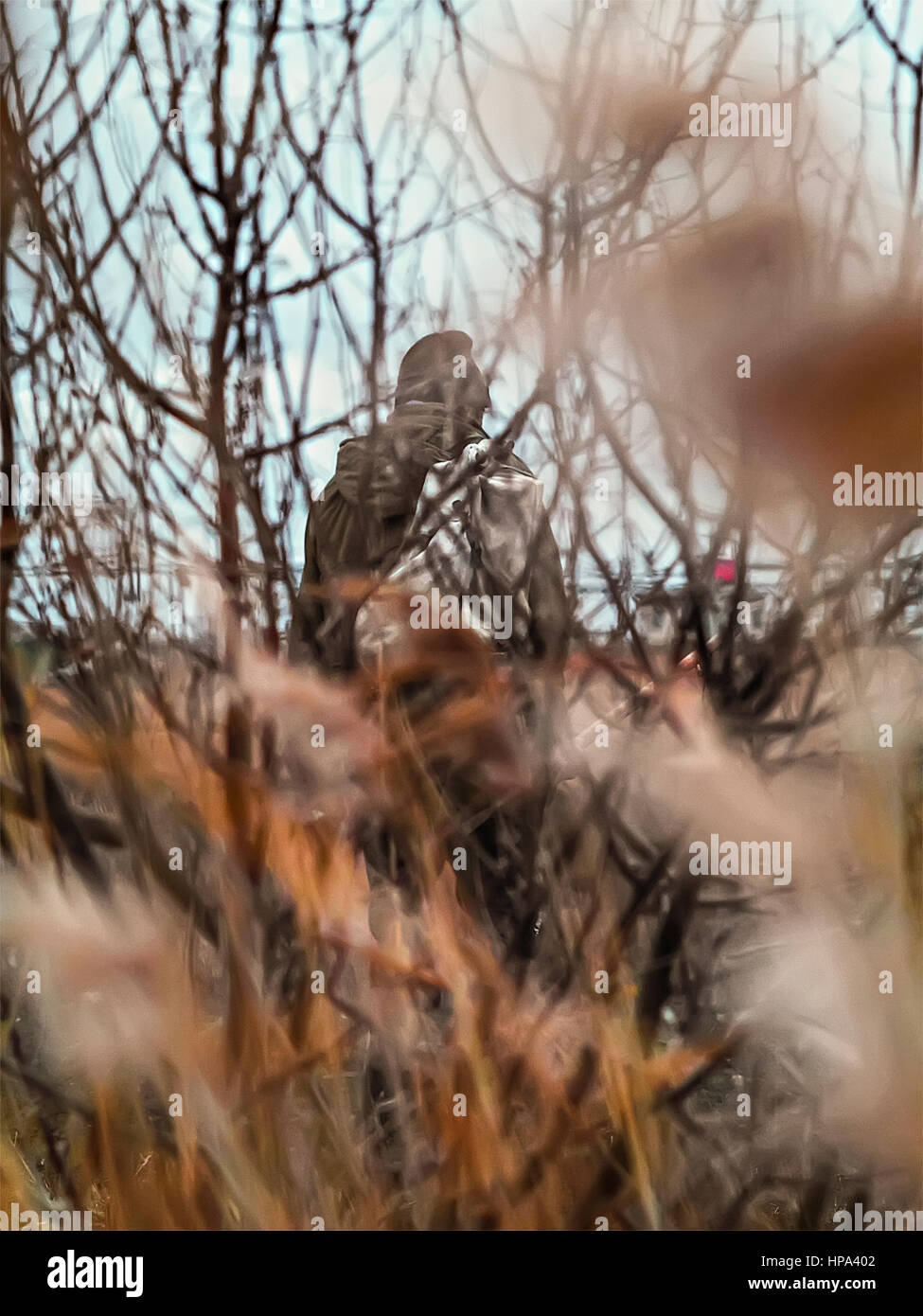 Eine Silhouette eines Mannes hinter einem Baum in einer Jacke mit einem Rucksack Stockfoto