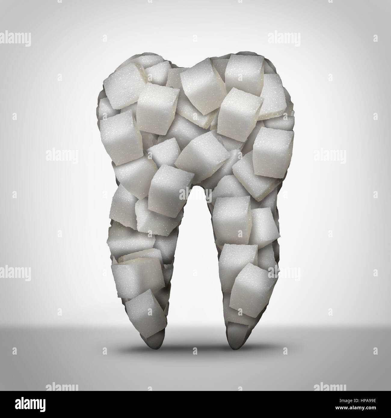 Zähne Zucker Zahnarzt Symbol und Zahnmedizin-Konzept als ein Backenzahn aus Würfel von raffinierten weißen Bonbons süße als eine Mund-und Zahnpflege. Stockfoto