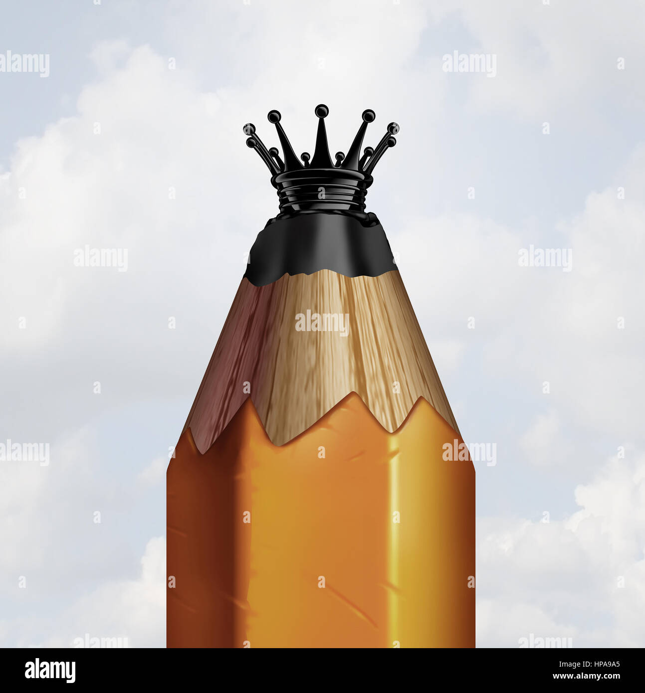 Bleistift-König Konzept und Idee Champion oder Innovation Leader Symbol wie ein Bleistift geformt wie eine königliche Krone als Geschäfts- und Bildung. Stockfoto