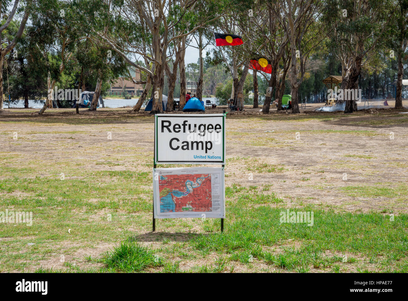 Ein Flüchtlingslager auf der Heirisson Insel im Peth, Western Australia, Australia Stockfoto