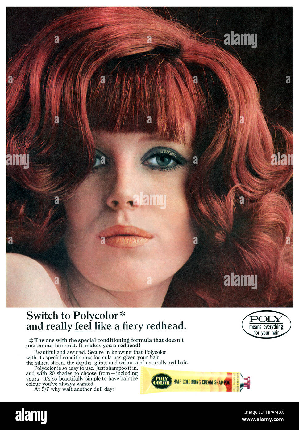 1967 britische Werbung für Polycolor Haarshampoo Färbung Creme. Stockfoto