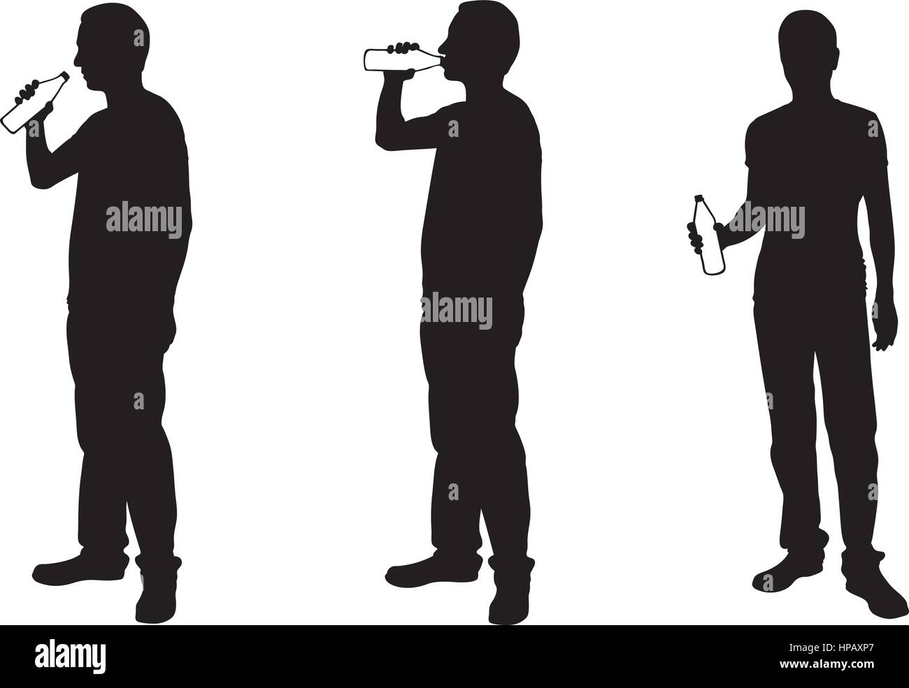 Silhouetten der Männer trinken aus Flaschen isoliert auf weiss Stock Vektor