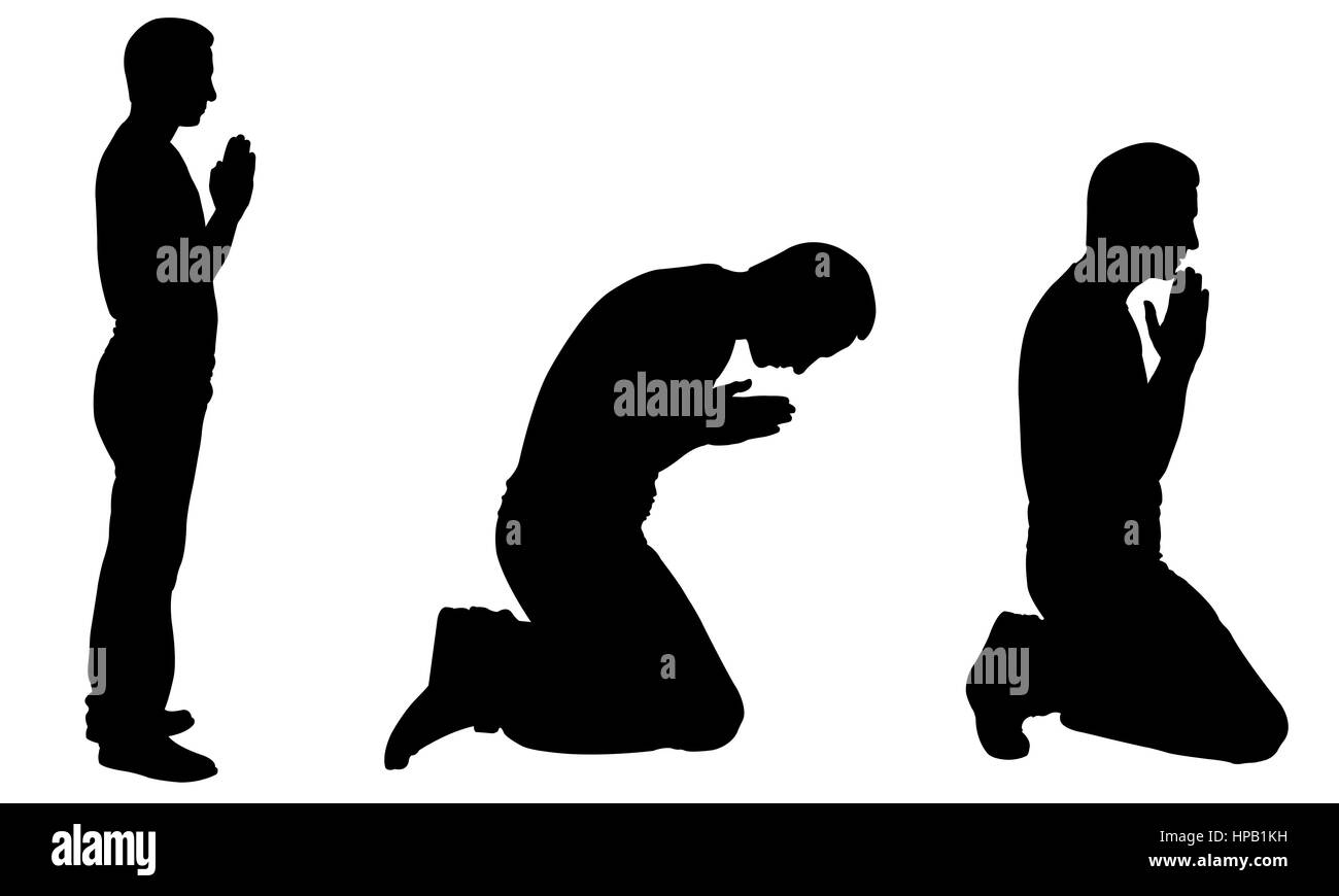 Silhouetten von Männern beten isoliert auf weiss Stockfoto
