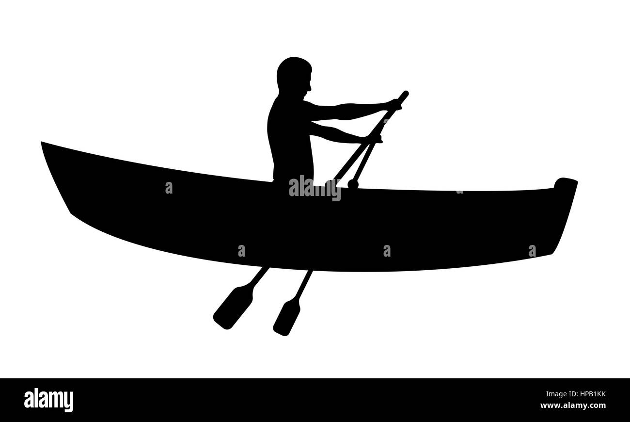Silhouette der Mann im Boot rudern isoliert auf weiss Stockfoto