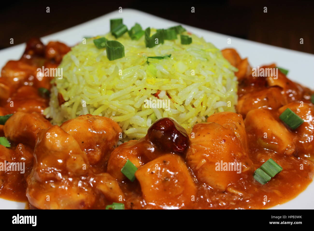 Huhn-Manchurian mit gebratener Reis Stockfoto