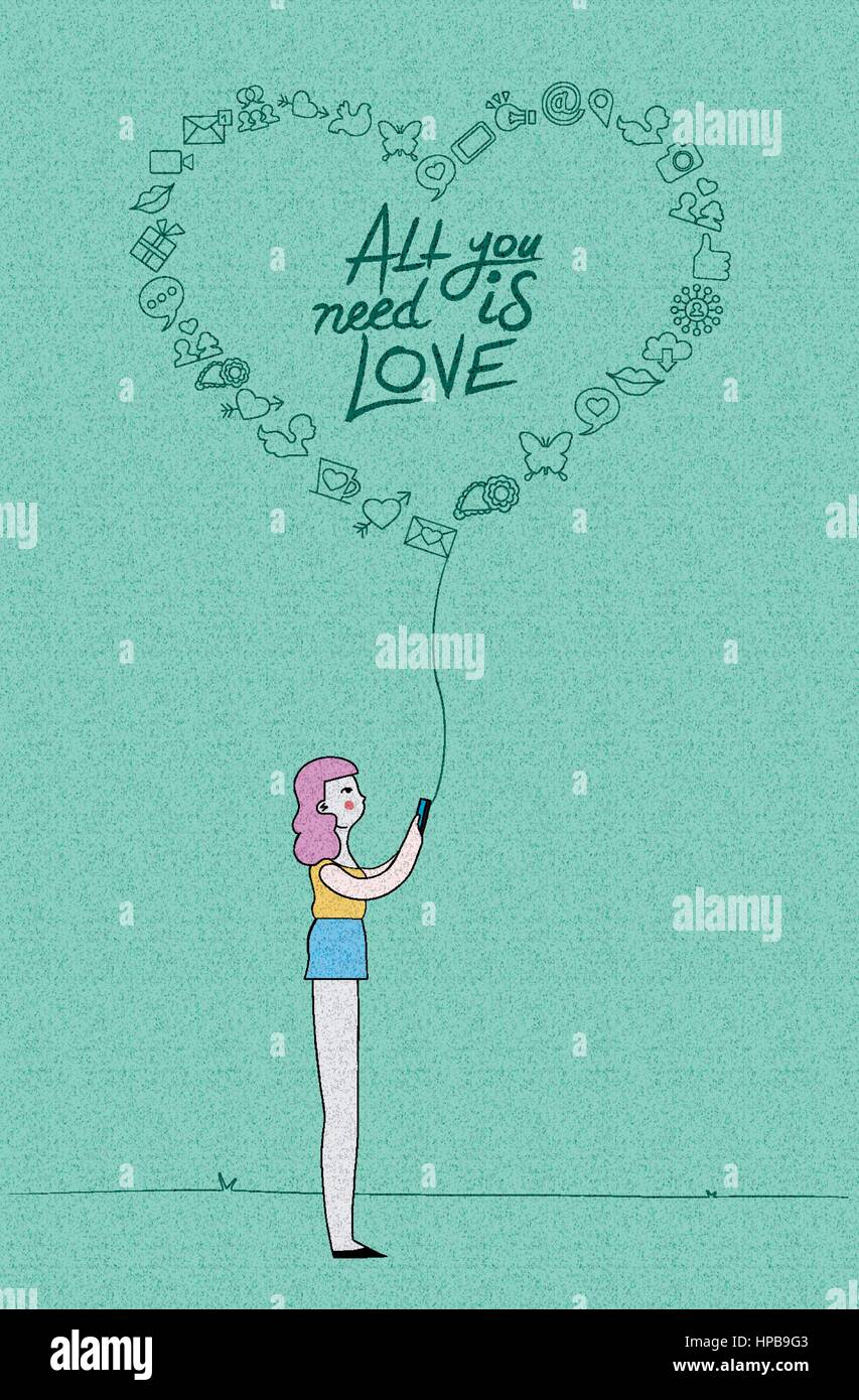 Soziale Medien lieben Konzept Abbildung. Mädchen auf smart Phone mit Gliederung Symbole in Herzform über körnig strukturierten Hintergrund. EPS10 Vektor. Stock Vektor