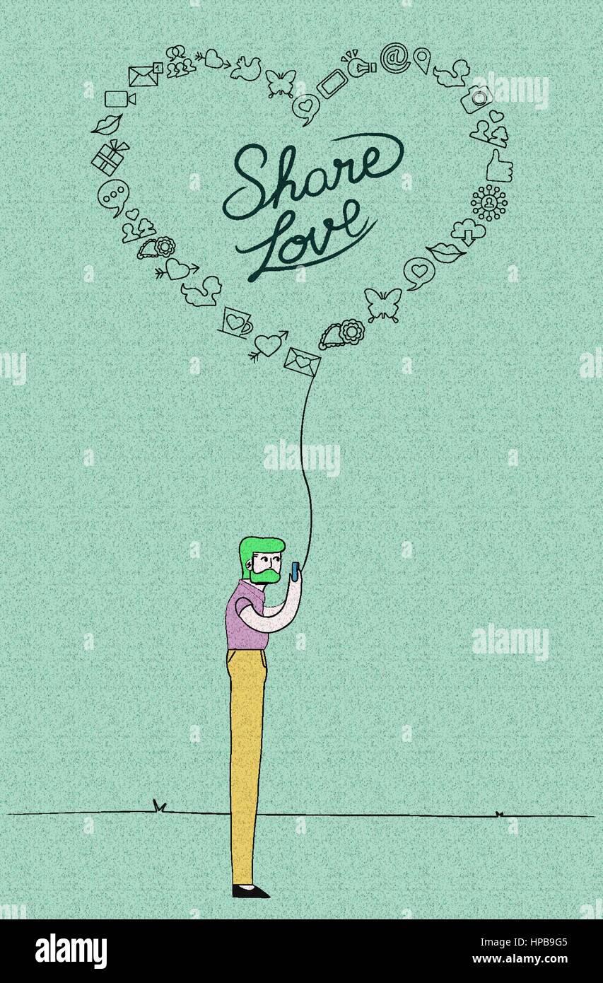 Soziale Medien lieben Konzept Abbildung. Mann auf smart Phone mit Gliederung Symbole in Herzform über körnig strukturierten Hintergrund. EPS10 Vektor. Stock Vektor