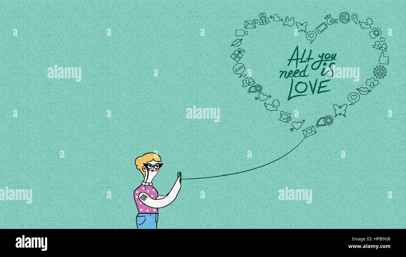 Soziale Medien lieben Konzept Abbildung. Hipster-Frau auf smart Phone mit Gliederung Symbole in Herzform über körnig strukturierten Hintergrund. EPS10 Vektor. Stock Vektor