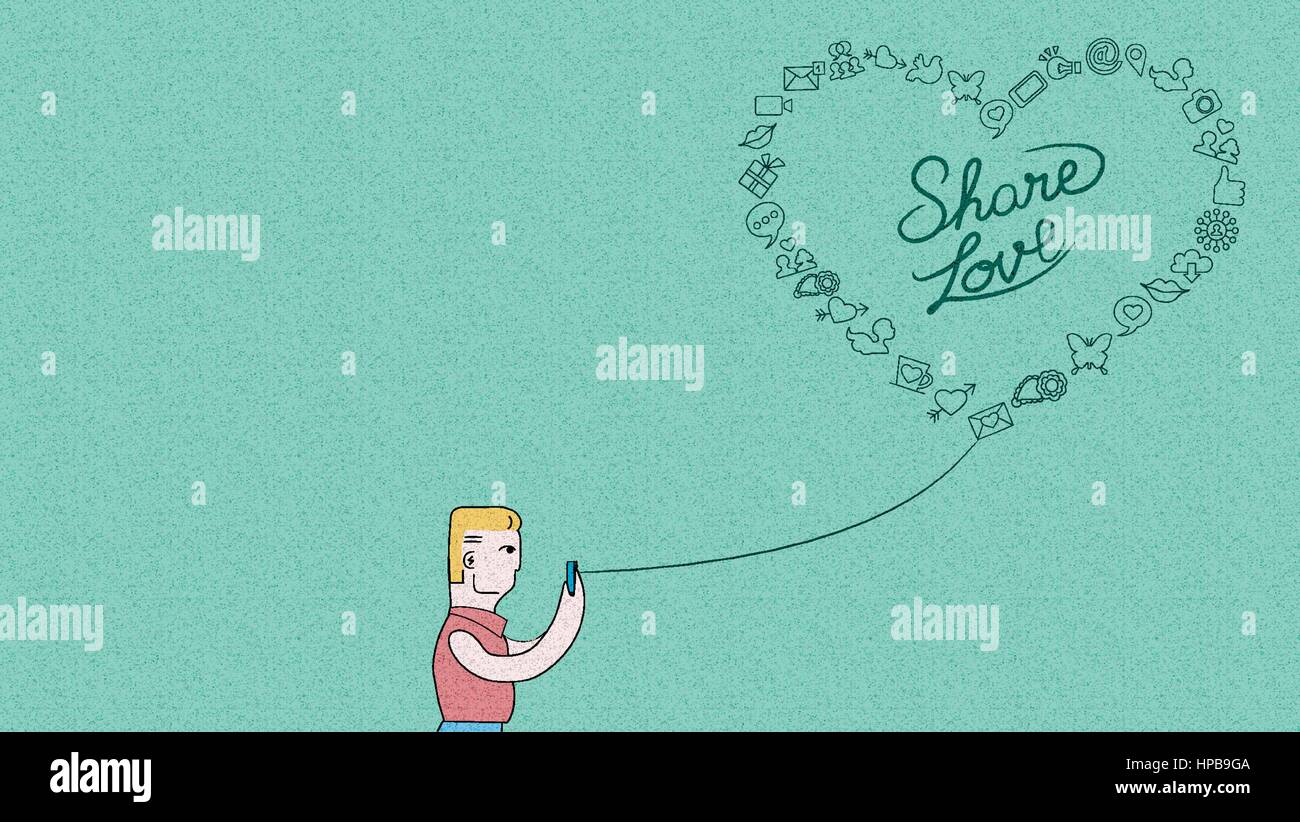 Soziale Medien lieben Konzept Abbildung. Mann auf smart Phone mit Gliederung Symbole in Herzform über körnig strukturierten Hintergrund. EPS10 Vektor. Stock Vektor