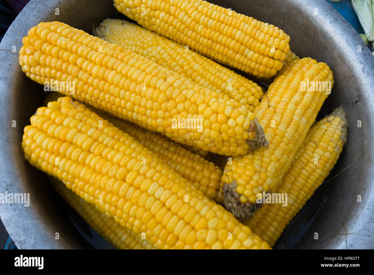 Nahaufnahme von gedämpftem Mais auf Cob im aa Alu-Schale Stockfoto