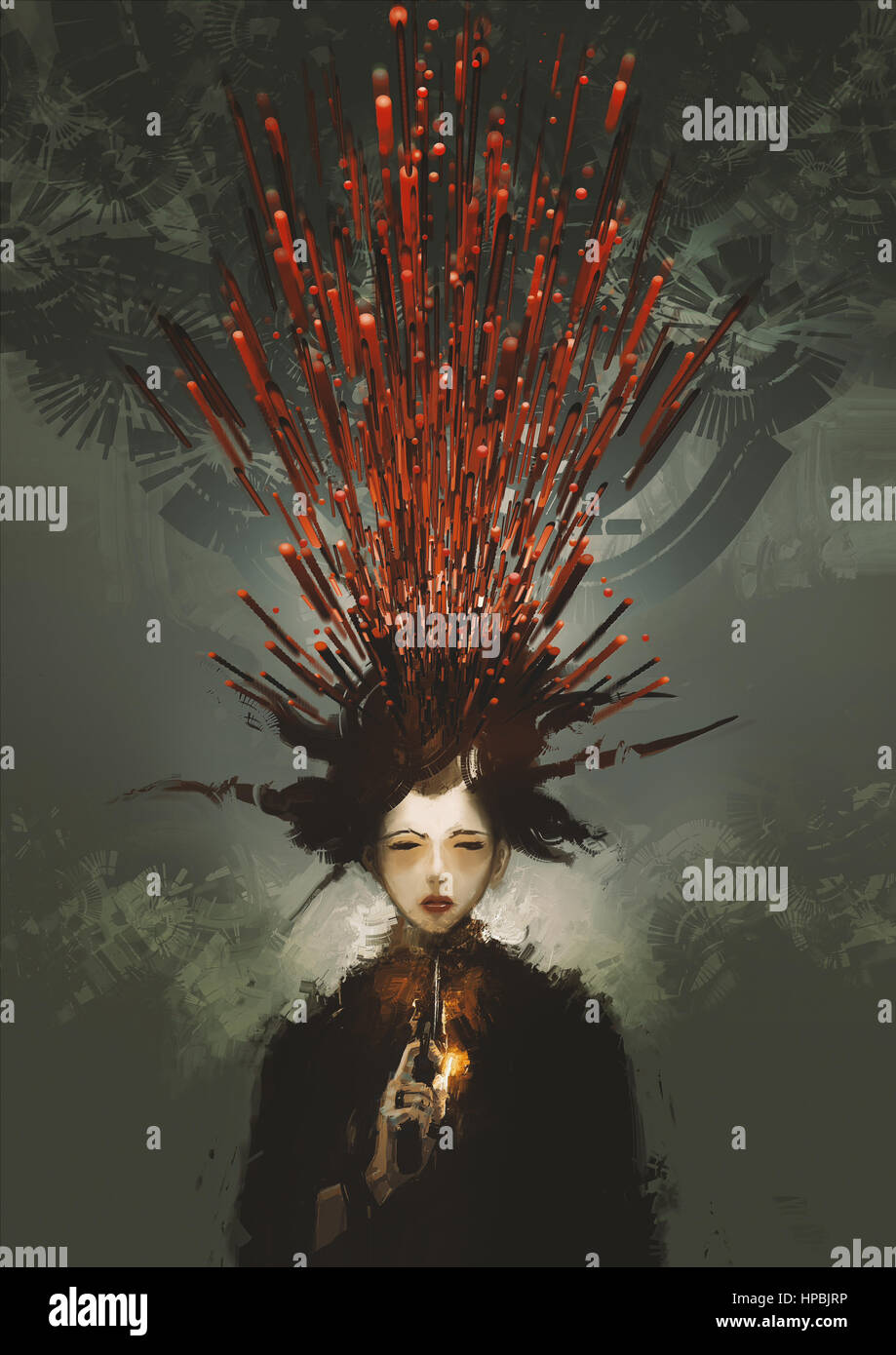 Frau begehen Selbstmord mit Pistole und metaphorische Blut, digitale Illustration Malerei Stockfoto