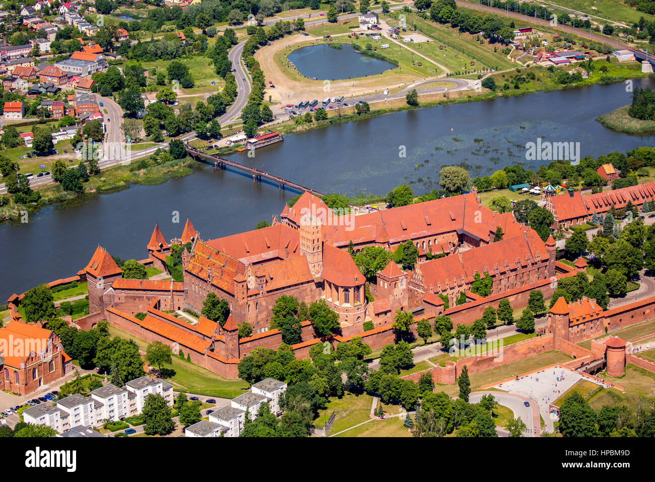 Marienburg-Schloss-Anlage, Backsteingotik, Fluss Nogat, Marienburg Stadt, Sitz des Hochmeisters des Deutschen Ordens, Deutschordens, Pomorskie, Pol Stockfoto