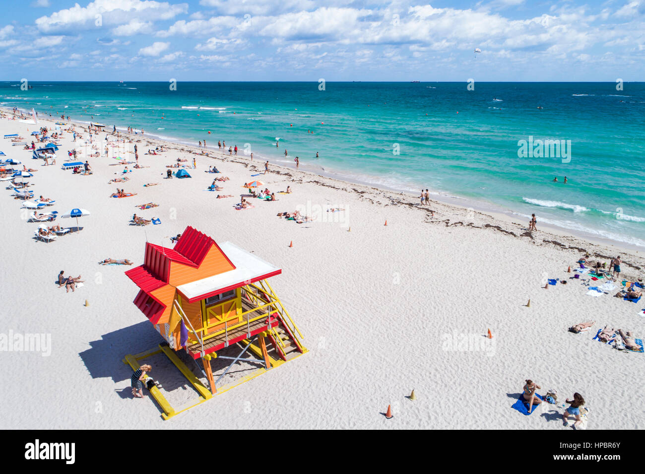 Miami Beach, Florida, Atlantik, Küste, Küste, Wasser, Rettungsschwimmerstation, Luftaufnahme von oben, FL170220005 Stockfoto