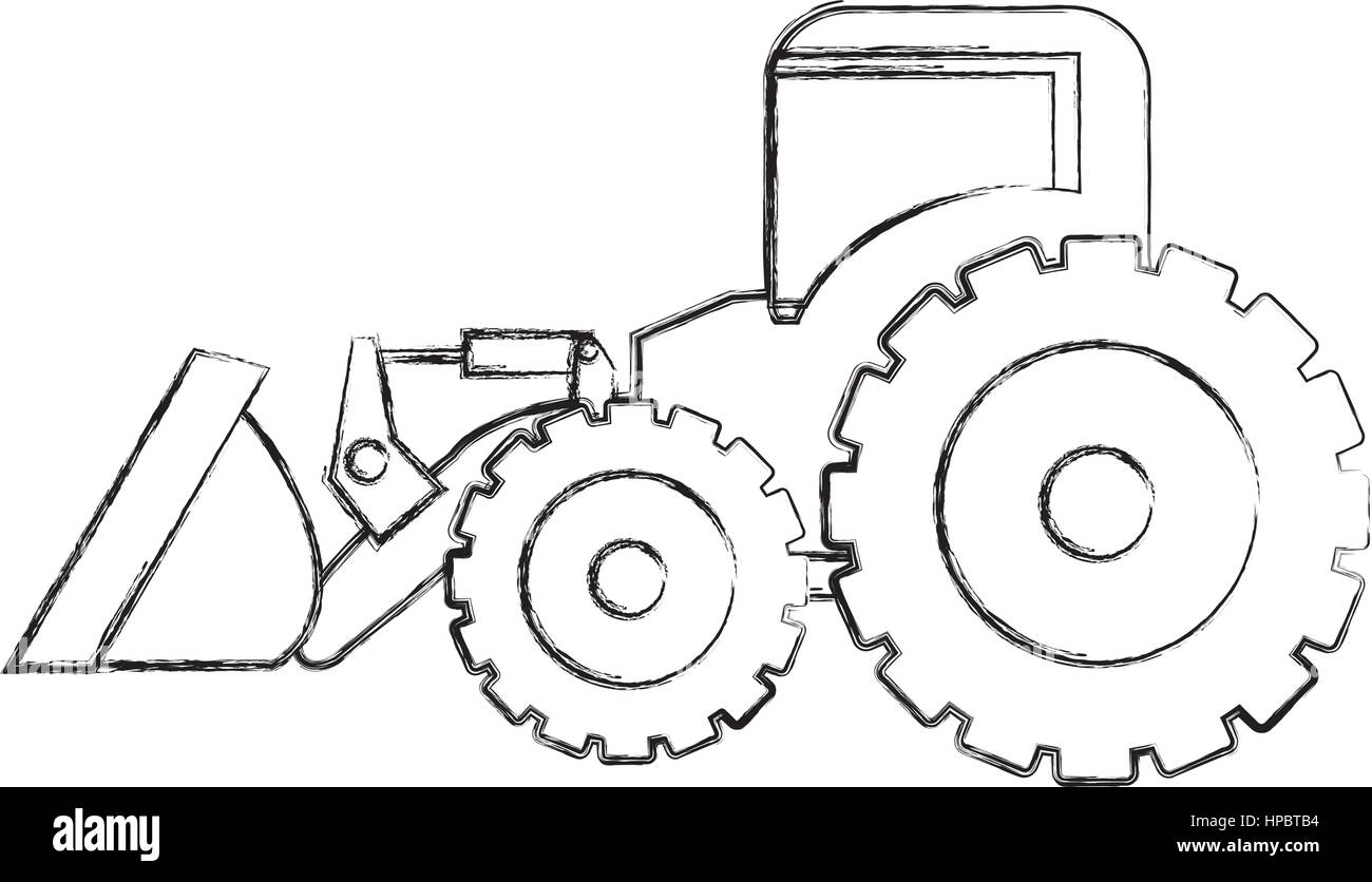 monochrome Kontur Handzeichnung von Traktor Lader Bau-Maschine Stock Vektor