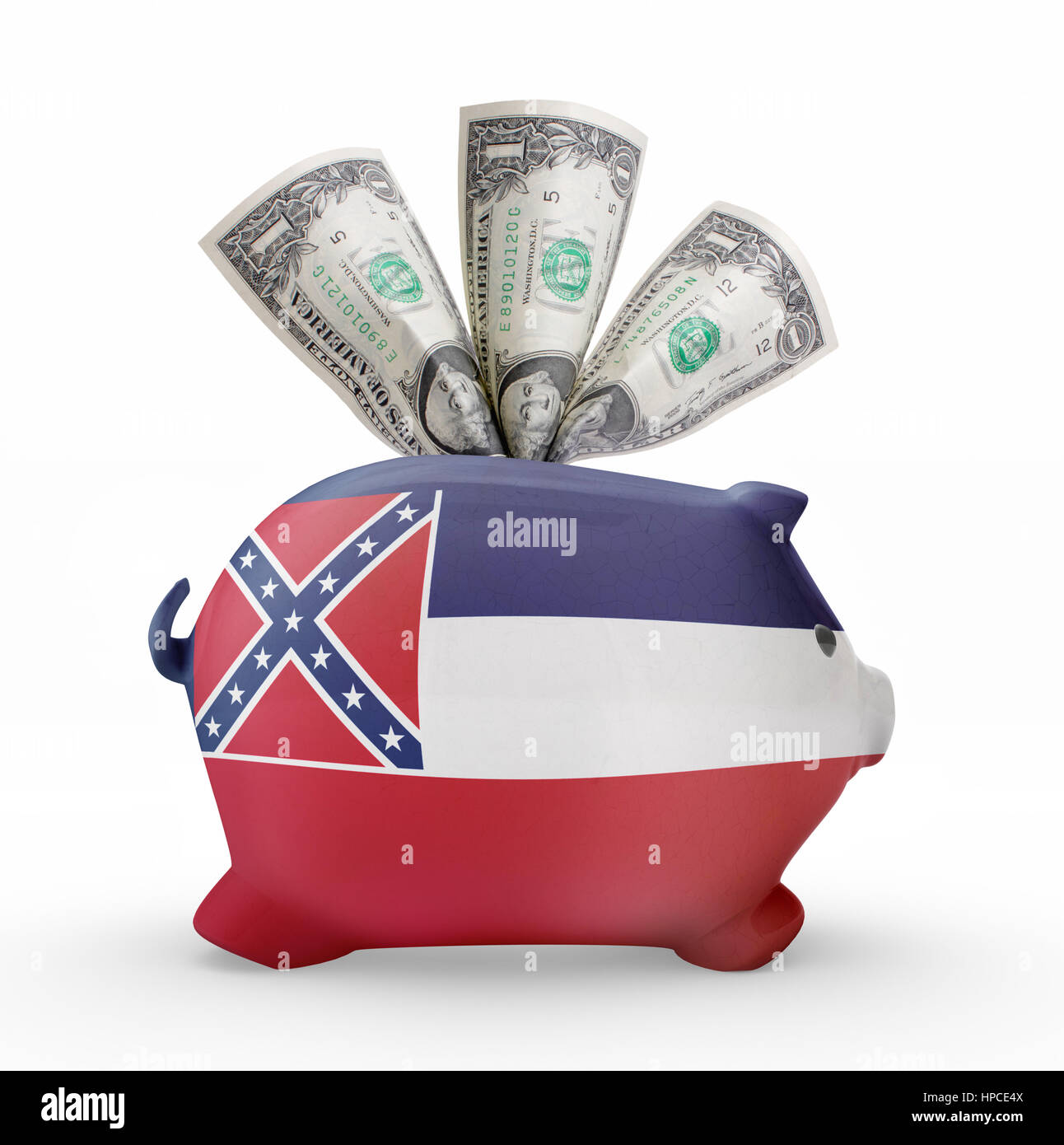Seitlicher Blick auf ein Sparschwein mit dem Flaggendesign des Mississippi. (Serie) Stockfoto