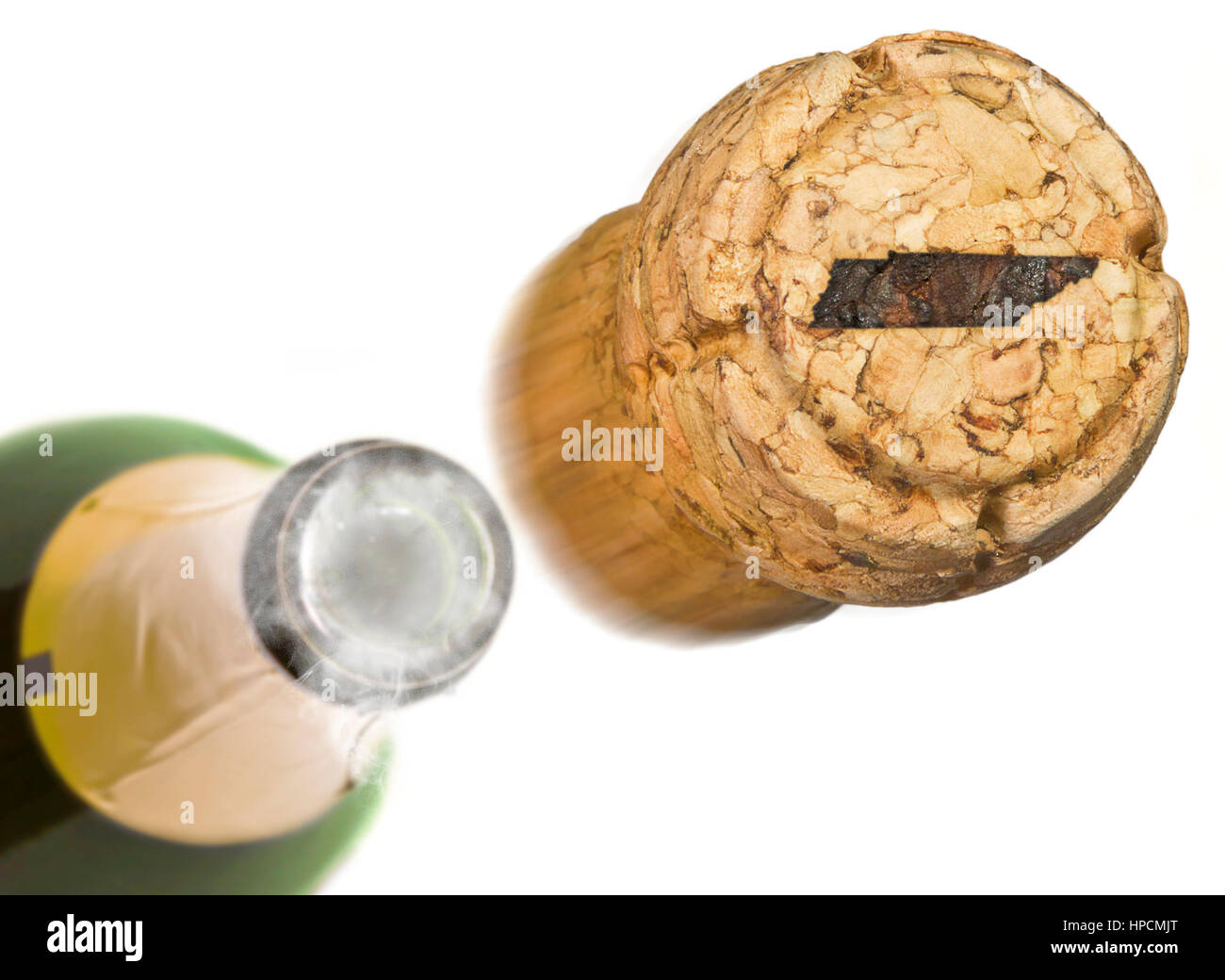 Sektkorken mit der Form von Tennessee in verbrannt und Flasche Champagner in den Rücken. (Serie) Stockfoto