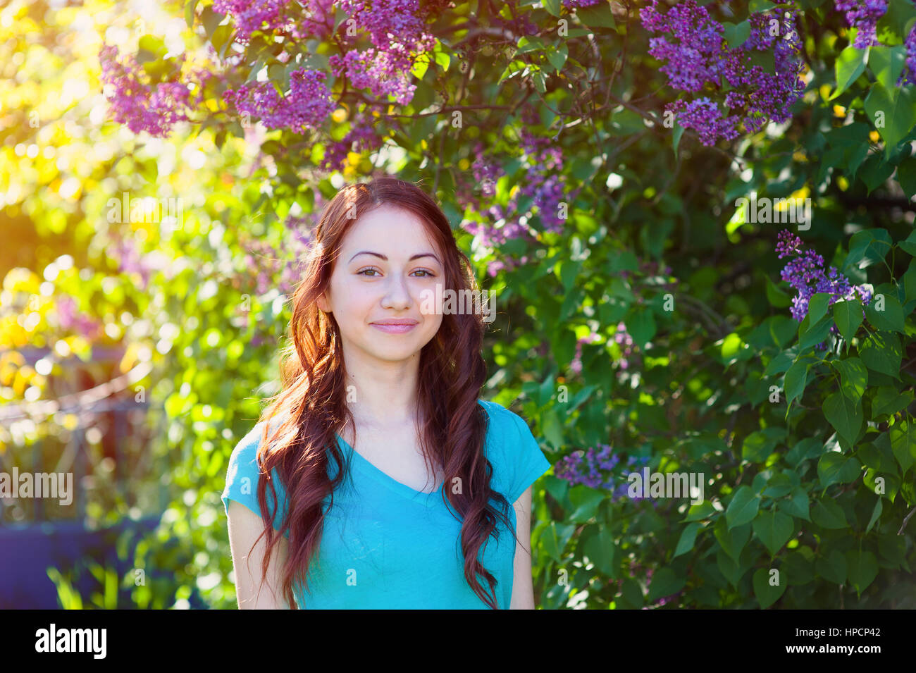 junge Frau in der Nähe der Fliederstrauch im Frühlingspark. Stockfoto