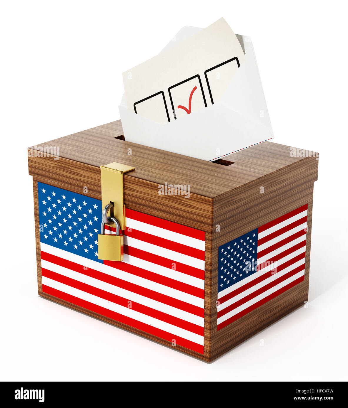 Amerikanische Flagge texturiert Wahlurne und Umschlag. 3D Illustration. Stockfoto