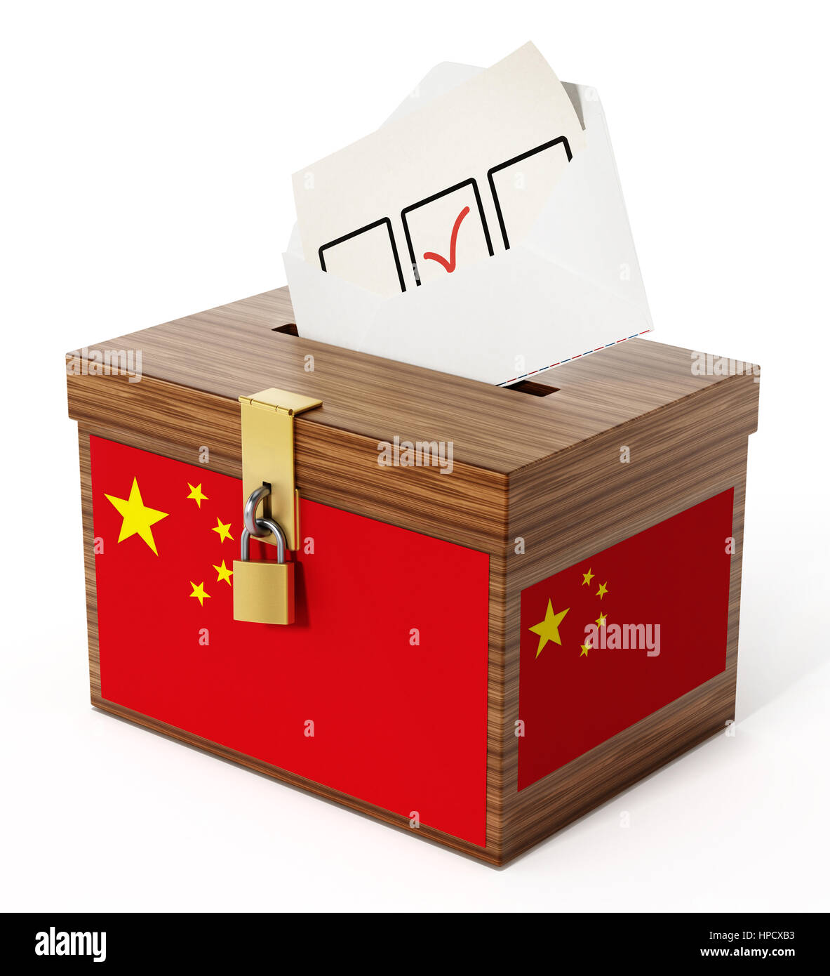 Chinesische Flagge strukturierte Wahlurne und Umschlag. 3D Illustration. Stockfoto