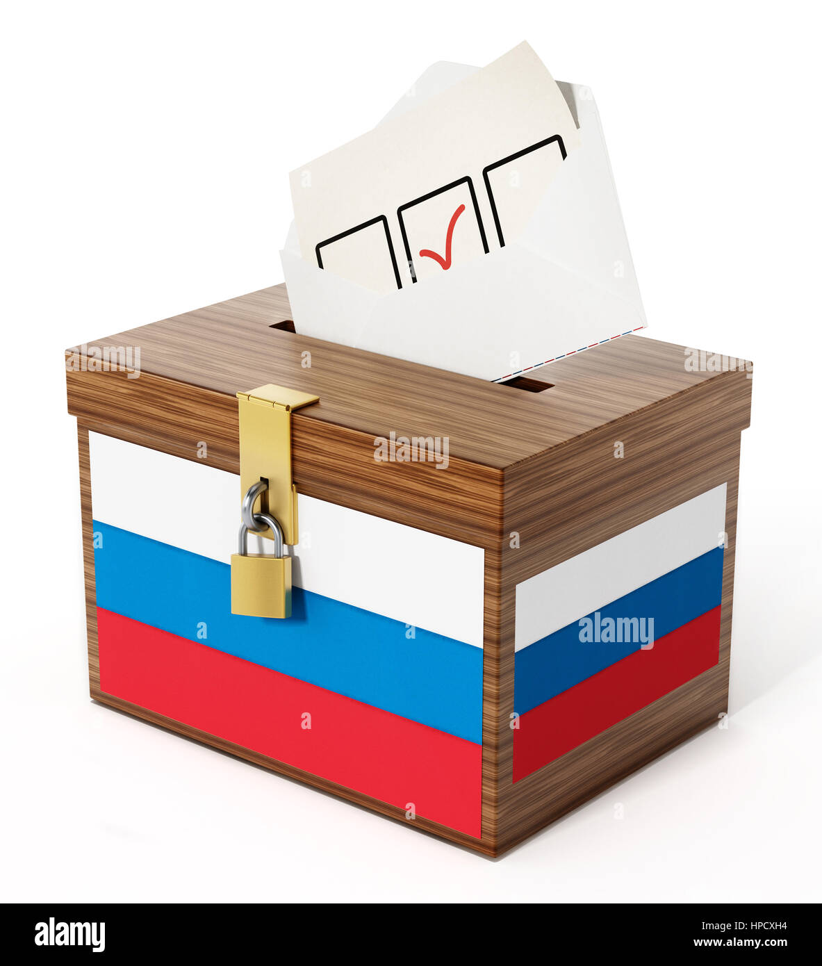 Russische Flagge texturiert Wahlurne und Umschlag. 3D Illustration. Stockfoto
