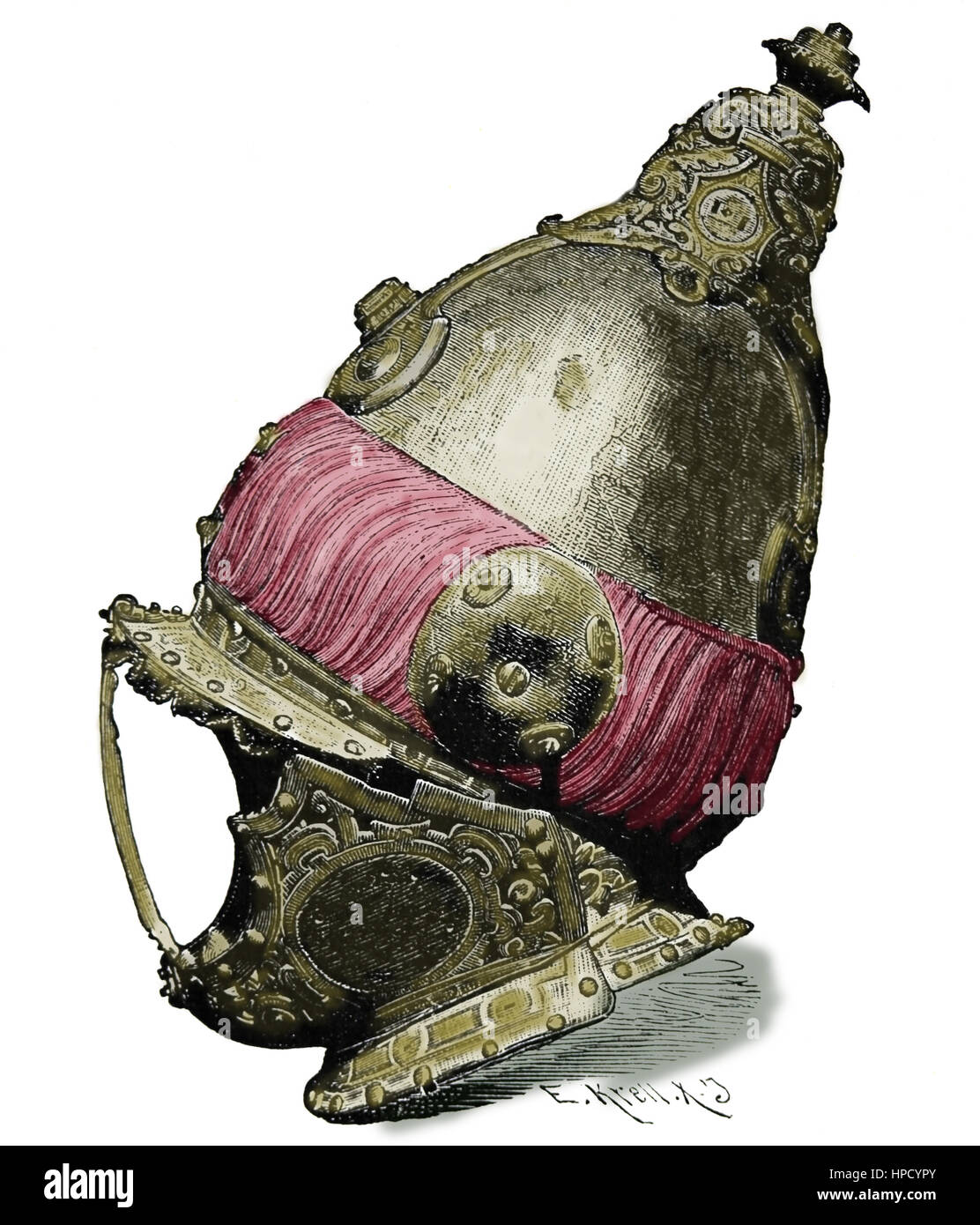 Armet, türkische Helm aus der Seeschlacht von Lepanto 1571. Gravur. Stockfoto