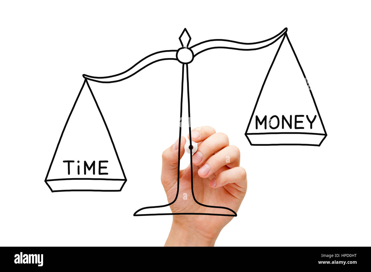 Hand skizzieren Zeit und Geld-Skala-Konzept mit schwarzem Filzstift auf transparentem Glas. Zeit ist mehr Wert als Geld. Stockfoto