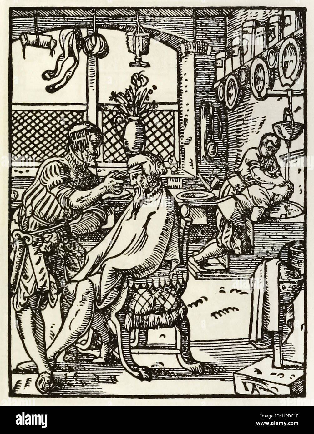 "Die Friseure" Holzschnitt von Jost Amman (1539-1591) aus einer Reihe Darstellung Berufe und Berufe zuerst veröffentlicht in "Das Ständebuch" 1568 in Frankfurt am Main, Deutschland. Stockfoto