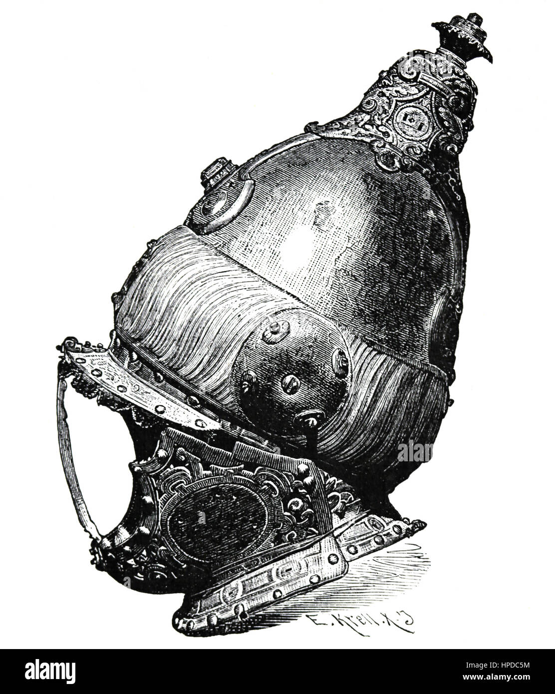 Armet, türkische Helm aus der Seeschlacht von Lepanto 1571. Gravur. Stockfoto