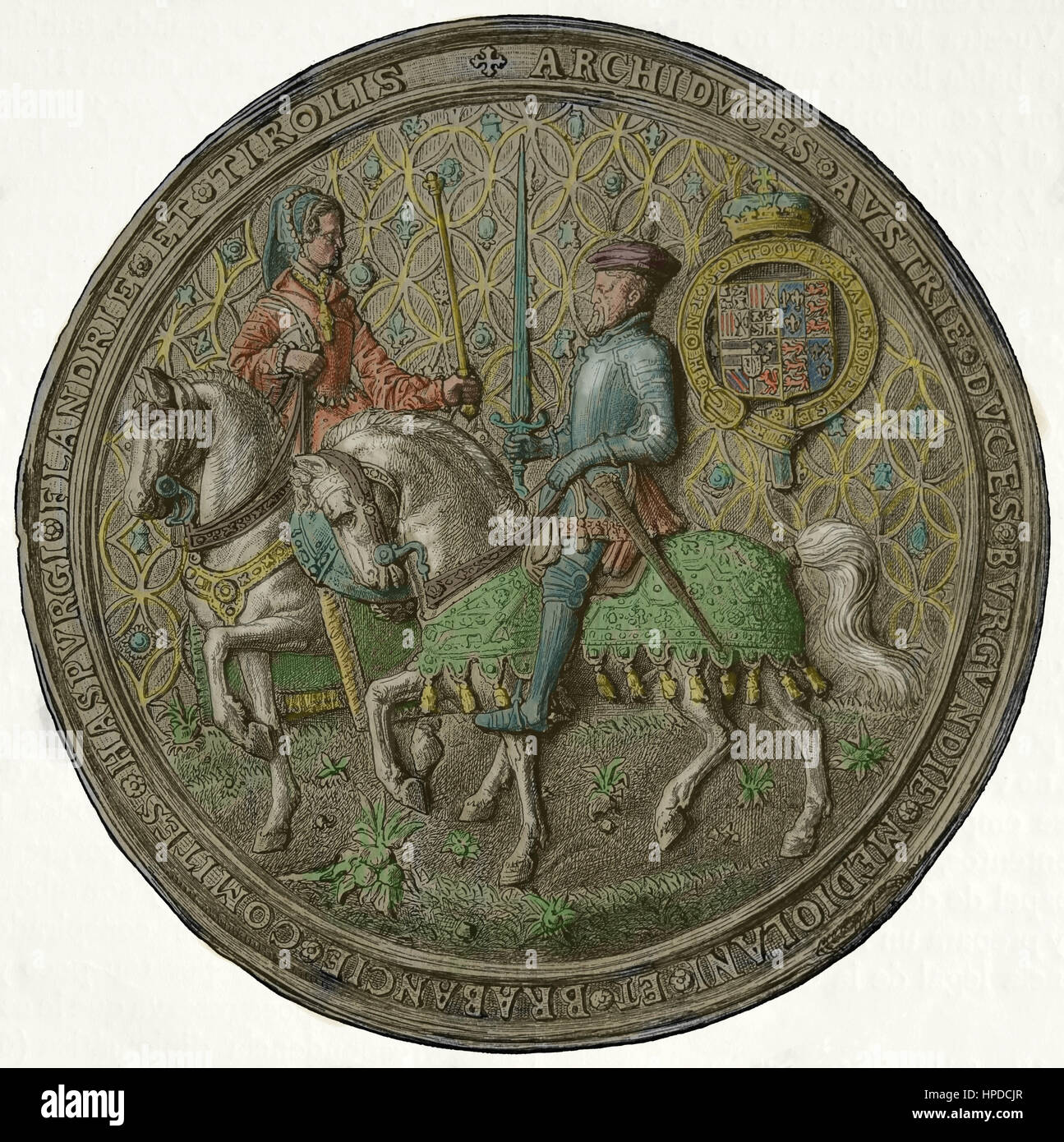 Stempel von Philipp II. von Spanien und Maria i. von England. Kupferstich, 19. Jahrhundert. Stockfoto