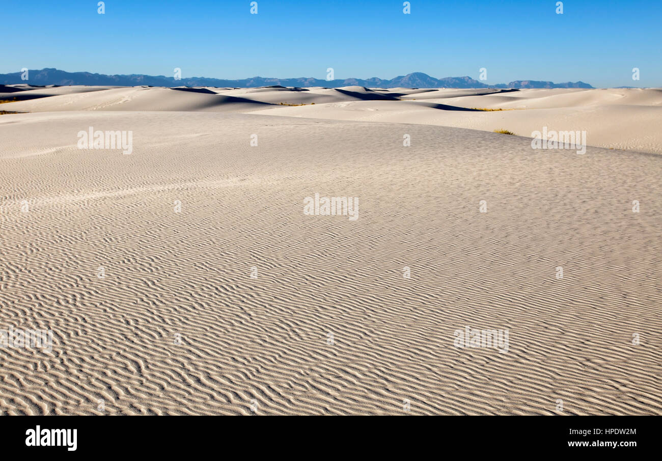 Weißen Sanddünen erstrecken sich bis zum Horizont an einem Tag blauer Himmel. Aufgenommen im White Sands National Monument in New Mexico. Stockfoto