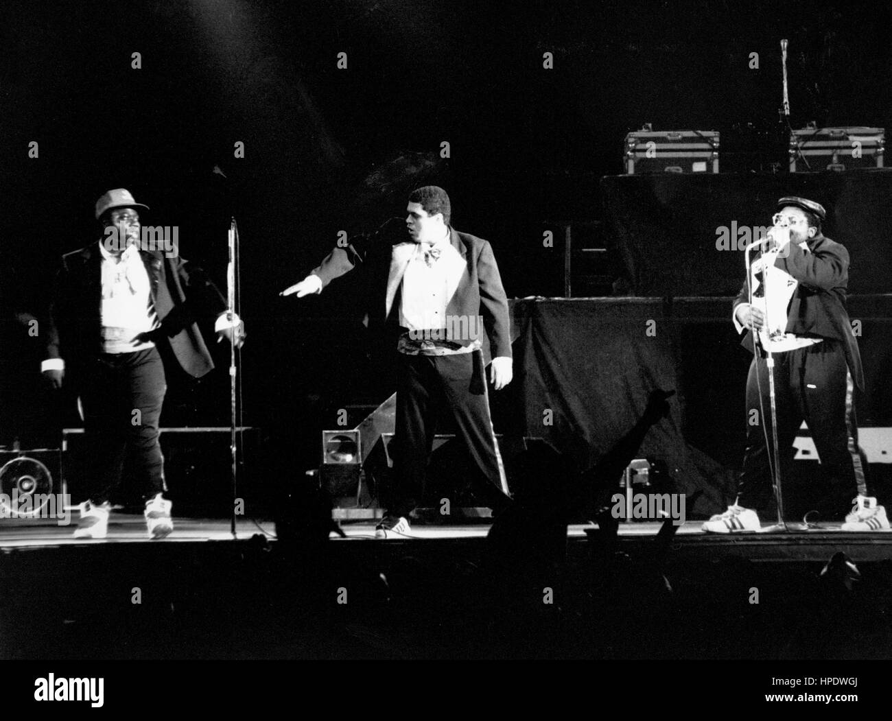 Amerikanische Hip-Hop-Trio The Fat Boys in den 1980er Jahren durchführen. Stockfoto