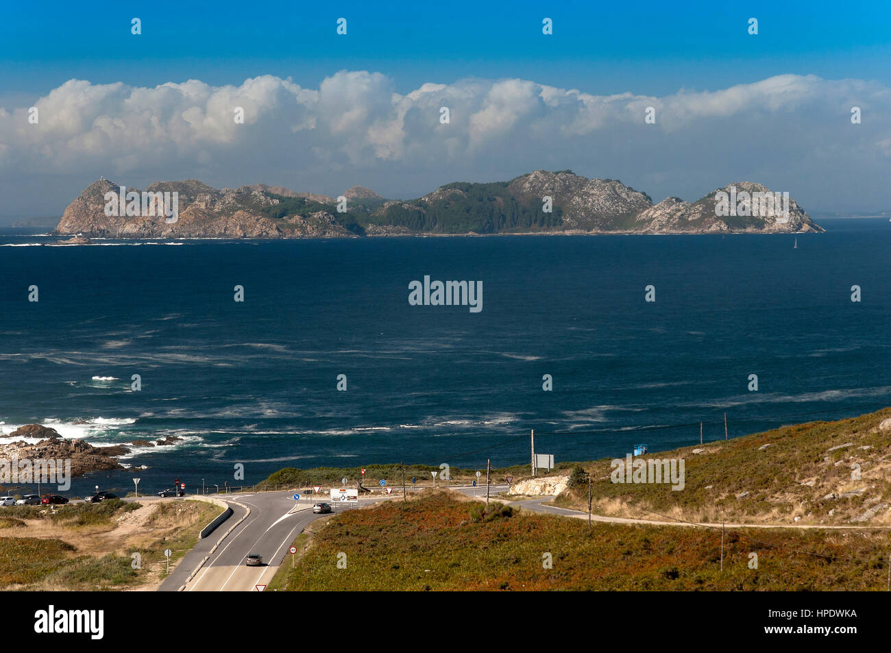 Cíes-Inseln aus Silleiro Cape, Bayona, Pontevedra Provinz, Region Galicien, Spanien, Europa Stockfoto