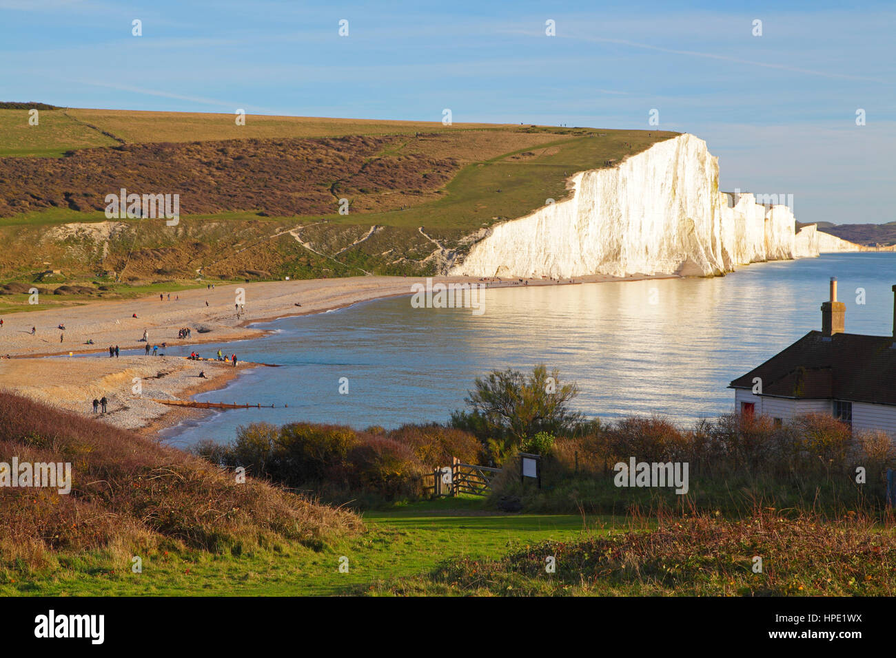 Herbstliche Ansicht Cuckmere Haven, die sieben Schwestern-Felsen und der South Downs Weg Land Nationalpark, von Seaford Kopf, East Sussex UK, England, GB Stockfoto