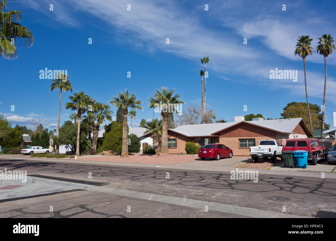 Freistehende Häuser auf Wohnstraße in Phoenix Arizona Nachbarschaft. Amerikanische Häuser in Phoenix, AZ, USA. Stockfoto