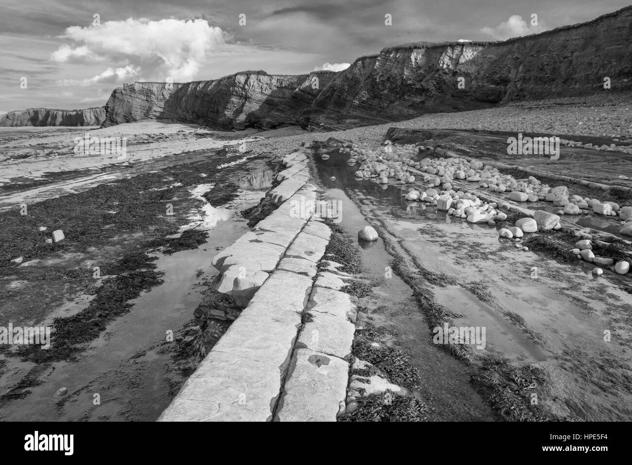 Kilve Strand, Somerset, UK. Hier wird das Quantocks und Meer aufeinander treffen und es gibt einige wunderbare Felsformationen und Fossilien. Stockfoto