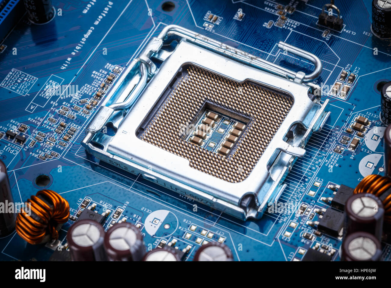 Blaue Elektronikplatine Nahaufnahme Schuss Stockfoto