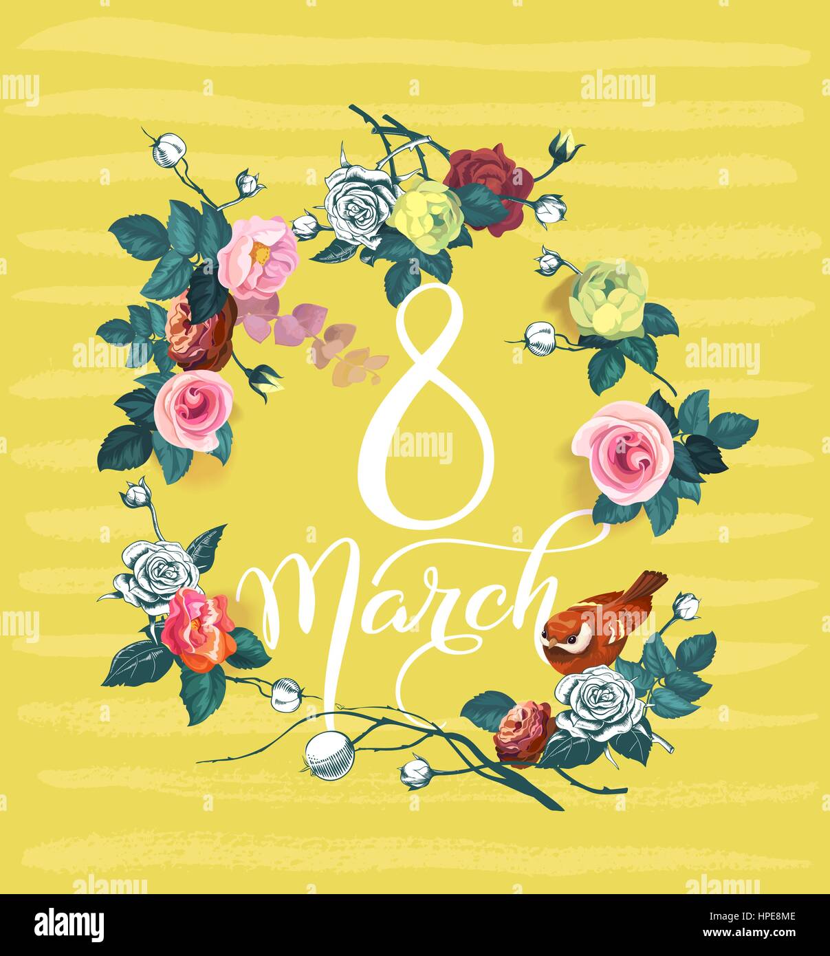 8. März. Internationaler Frauentag Tag Grußkarte. Kalligraphische Worte Blumensträuße aus Rosen und Vogel vor gelbem Hintergrund mit Streifen umgeben. Vektor-Illustration für Postkarte, Einladung. Stock Vektor