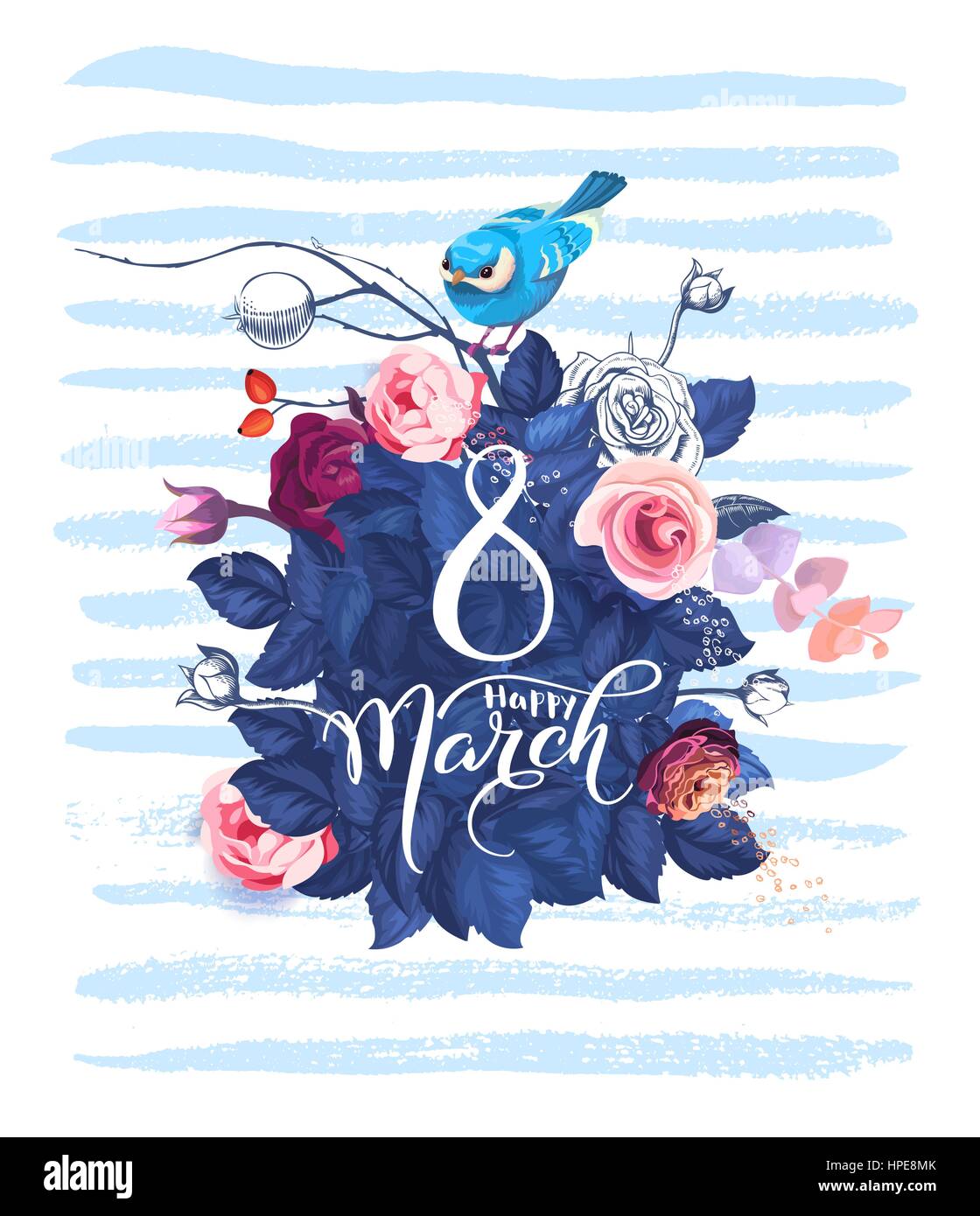 Glücklich 8. März. Frauen Tag Grußkarte. Schöne Hand-Schriftzug mit Haufen von Frühlingsblumen, Blättern und blauen Vogel drauf auf Hintergrund. Vektor-Illustration für Postkarte, Einladung, Banner. Stock Vektor