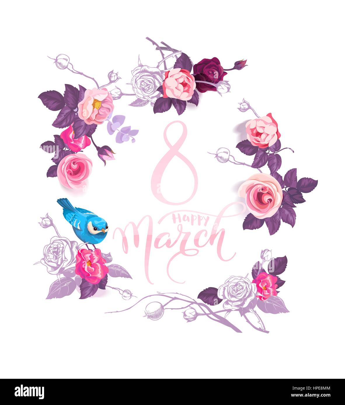 Glücklich 8. März. Rosa Hand Schrift in Kranz von semi-farbigen Blumen und blauen Vogel sitzt auf Rose auf weißem Hintergrund. Frauen Tag Party Einladung. Vektor-Illustration für Postkarte, banner. Stock Vektor