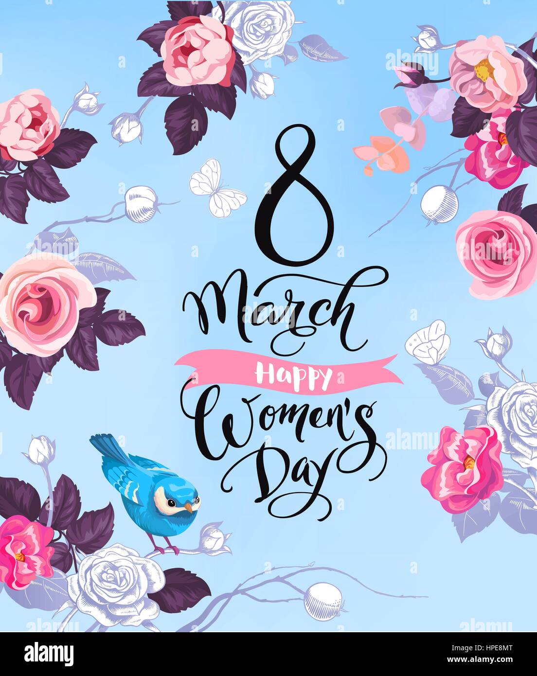 8. März. Glückliche Frauen Tag Grußkarte. Schöne Hand Schriftzug umgeben von Hälfte-farbige Rosen, Schmetterlinge und niedlichen Vogel sitzt auf Stiel vor blauem Hintergrund. Vektor-Illustration für Poster. Stock Vektor