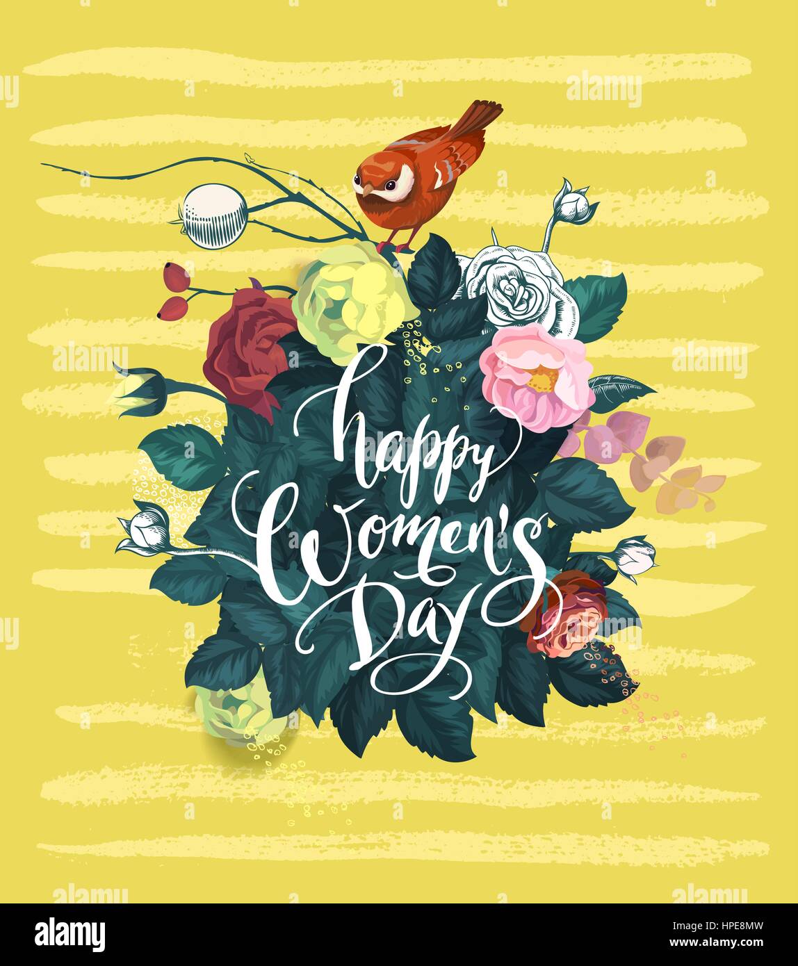 Froh, dass Frauen Tag Hand Schriftzug mit Bouquet von semi-farbigen Hintergrund Blumen, rote Vogel sitzen oben drauf und gelbe Schlieren stieg. Frühlingsferien. Vektor-Illustration im retro-Stil. Stock Vektor