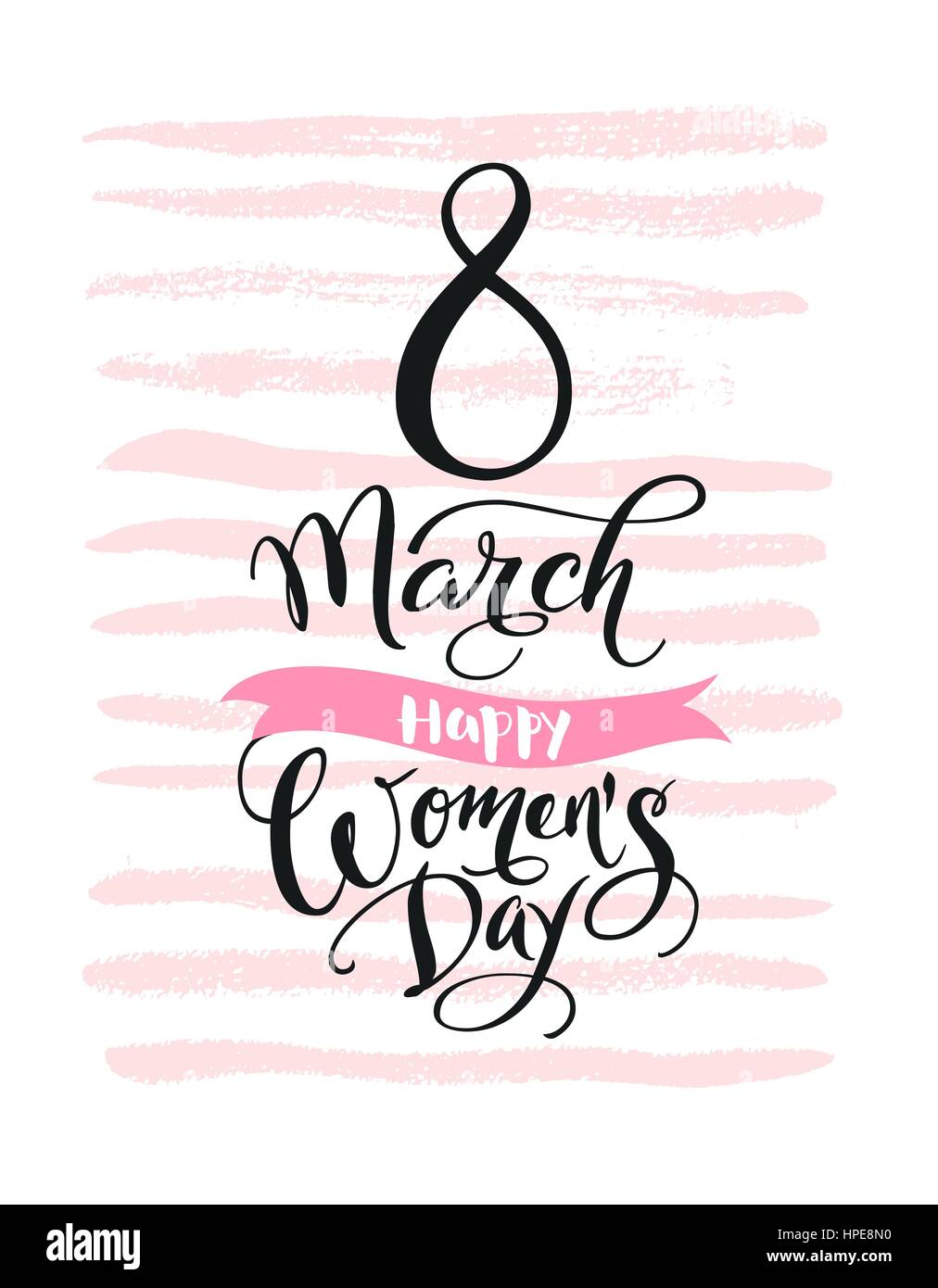 8. März. Glückliche Frauen Tag Grußkarte oder Einladung. Kalligraphische schwarzer Text auf weißem Hintergrund mit rosa Streifen. Frühling Urlaub Feier. Vektor-Illustration in niedliche Vintage-Stil. Stock Vektor