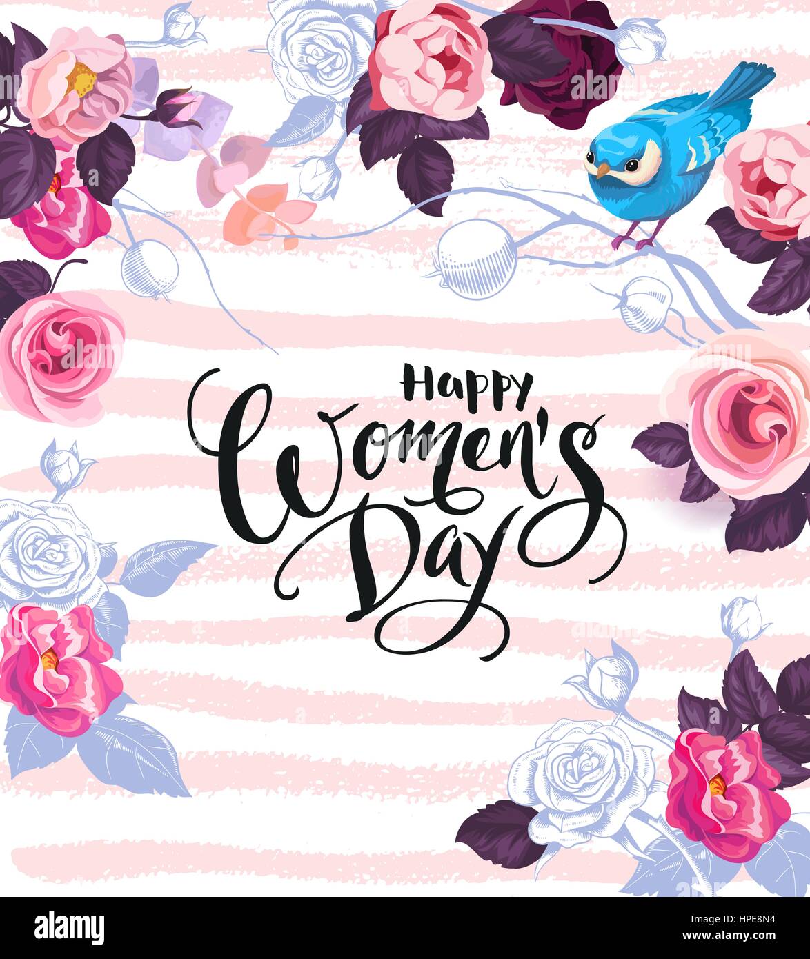 Glückliche Frauen Tag. Handschriftlichen Satz von Hälfte-farbigen Blumen, Blätter und niedliche Vögelchen umgeben. 8. März-Party-Einladung. Vektor-Illustration im retro-Stil für die Grußkarte, Postkarte, Flyer. Stock Vektor