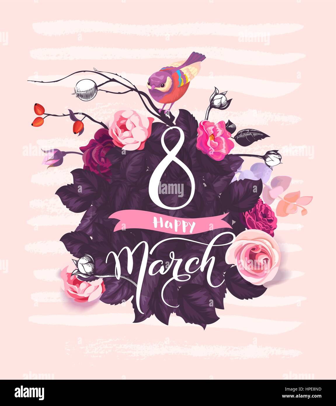 Glücklich 8. März. Handgeschriebene Schrift Hintergrund mit rosa Rosen-Blumen, Blätter lila, süße Birdie auf Ober- und Farbe Flecken sitzen. Vektor-Illustration im romantischen Stil für Postkarten, Flyer. Stock Vektor