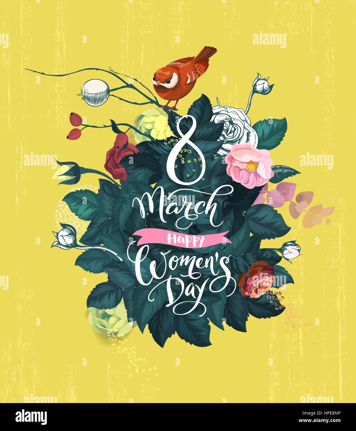 8. März, glücklich Frauentag. Handschriftlich Schriftzug, stieg Busch mit dicken grünen Laub, bunten Blumen und kleine Birdie vor gelbem Hintergrund. Schöne Grußkarte. Vektor-Illustration. Stock Vektor