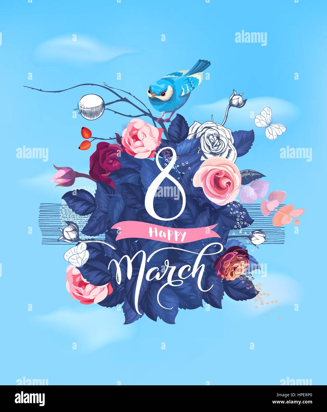 Glücklich 8. März. Hand Schriftzug auf blühende rose Busch und Vöglein sitzen an der Spitze gegen die blauen Frühlingshimmel und Wolken im Hintergrund. Festliche Party Einladung. Vektor-Illustration für Internet-Blog. Stock Vektor