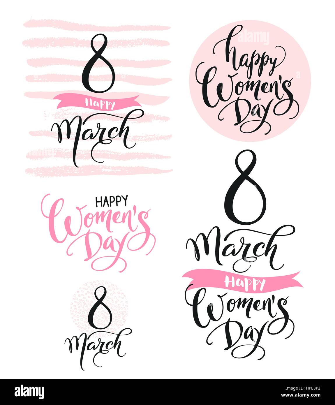 8. März. Glückliche Frauen Tag. Sammlung von schönen handgeschriebenen Worte und handgezeichneten Elementen in rosa Farbe. Vektor-Illustration für Banner, Header, Grußkarten, Poster, Postkarte, Einladung. Stock Vektor