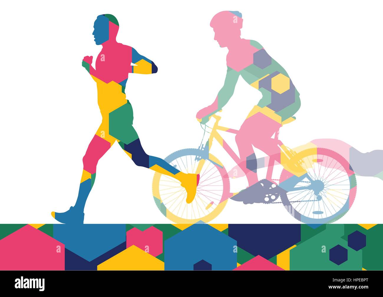 Triathlon Marathon aktiven jungen Männer schwimmen, Radfahren und laufen  Sport Silhouetten in abstrakte Kamm Zelle Abbildung Hintergrund Vektor  Stock-Vektorgrafik - Alamy